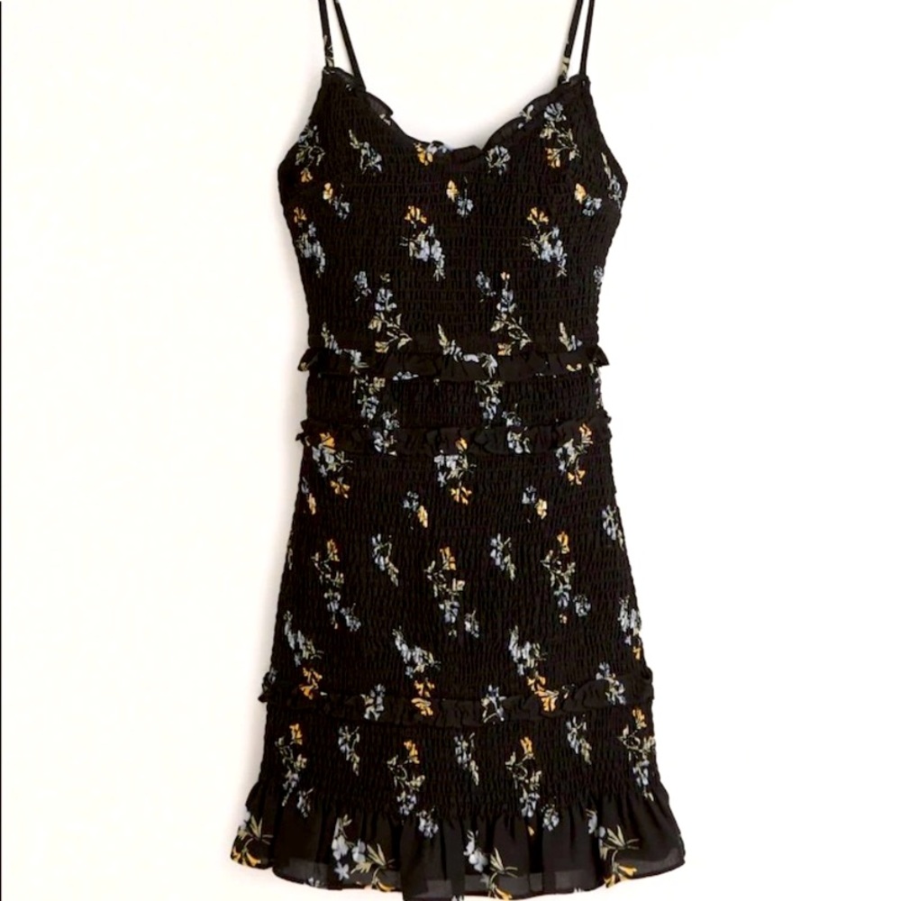 Abercrombie smocked black floral mini dress